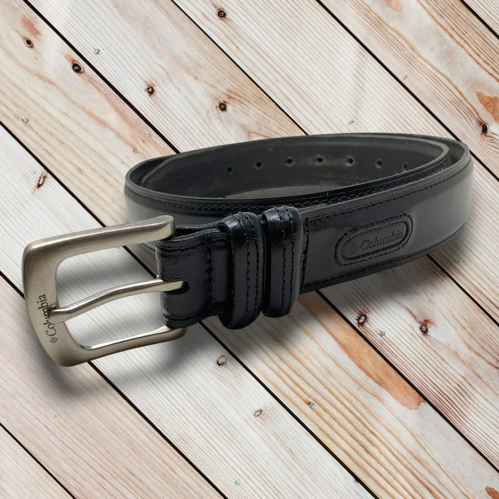 Vintage Y2K Columbia Sportswear Sz 38 Black Leather Dress Belt Silver Hardware